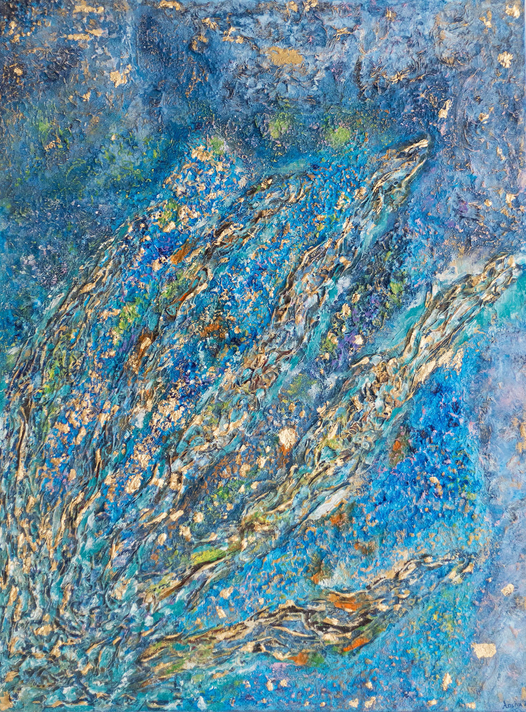 Abstract artwork with swirling blue and gold patterns