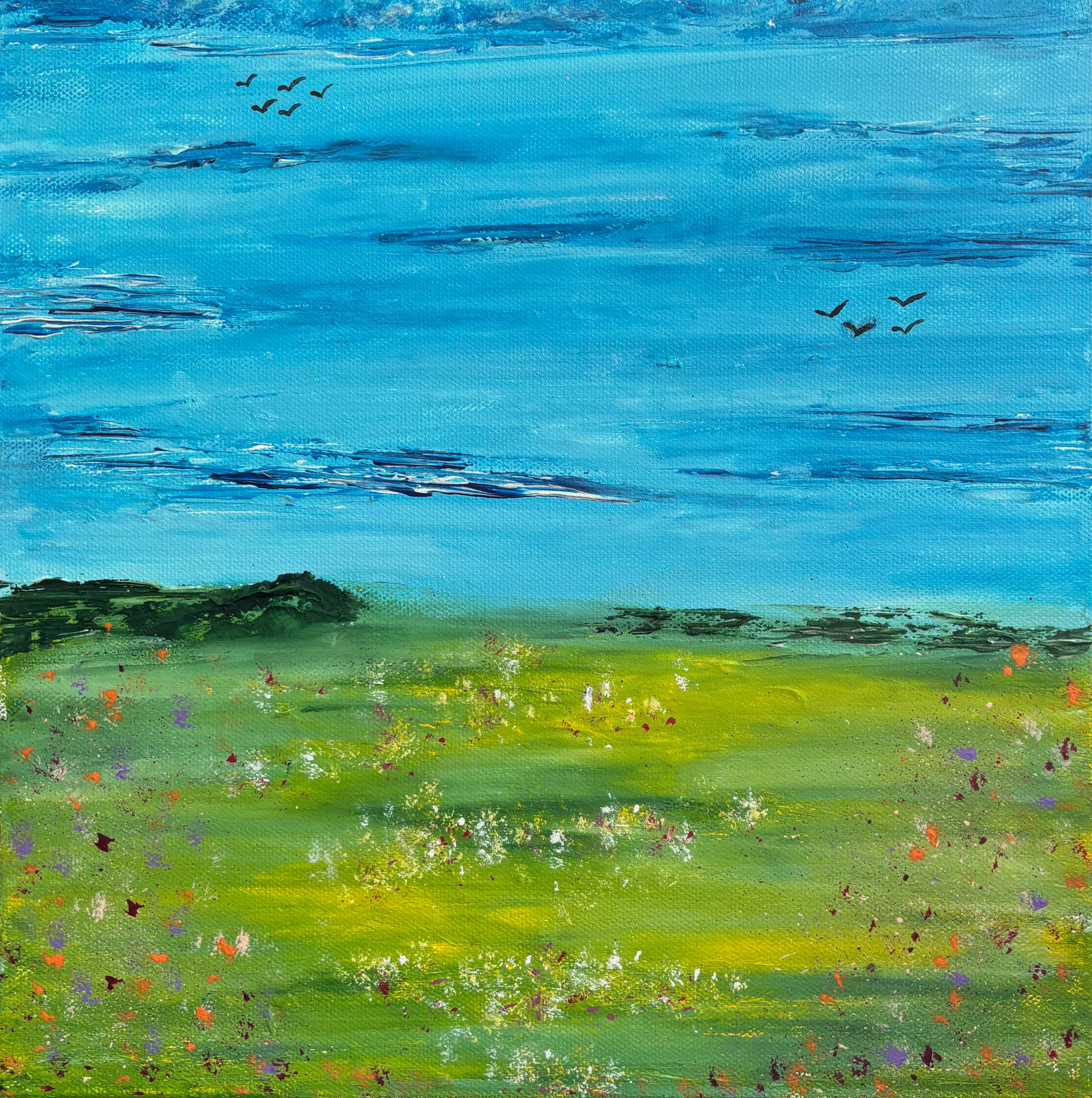 Painting of a landscape with a green field, blue sky, and birds.