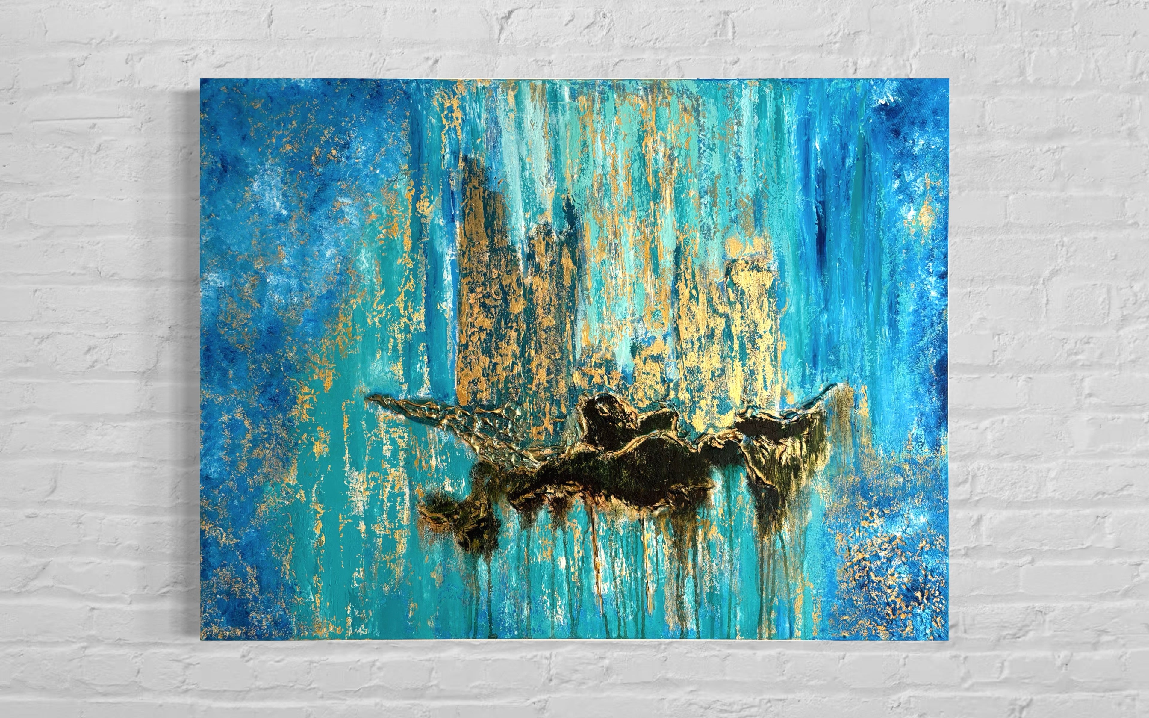 Abstract painting with blue and gold colors