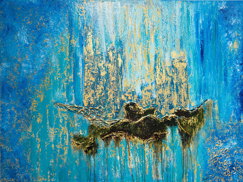 Abstract painting with blue and gold colors