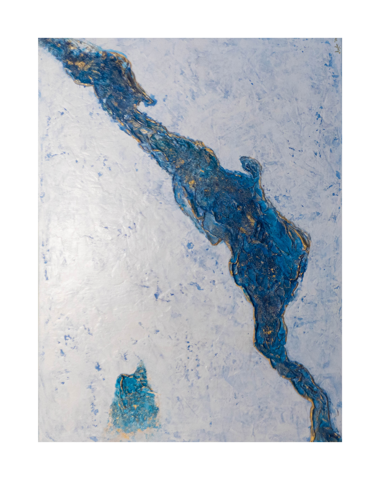 Abstract art piece with blue and gold strokes on a textured white background