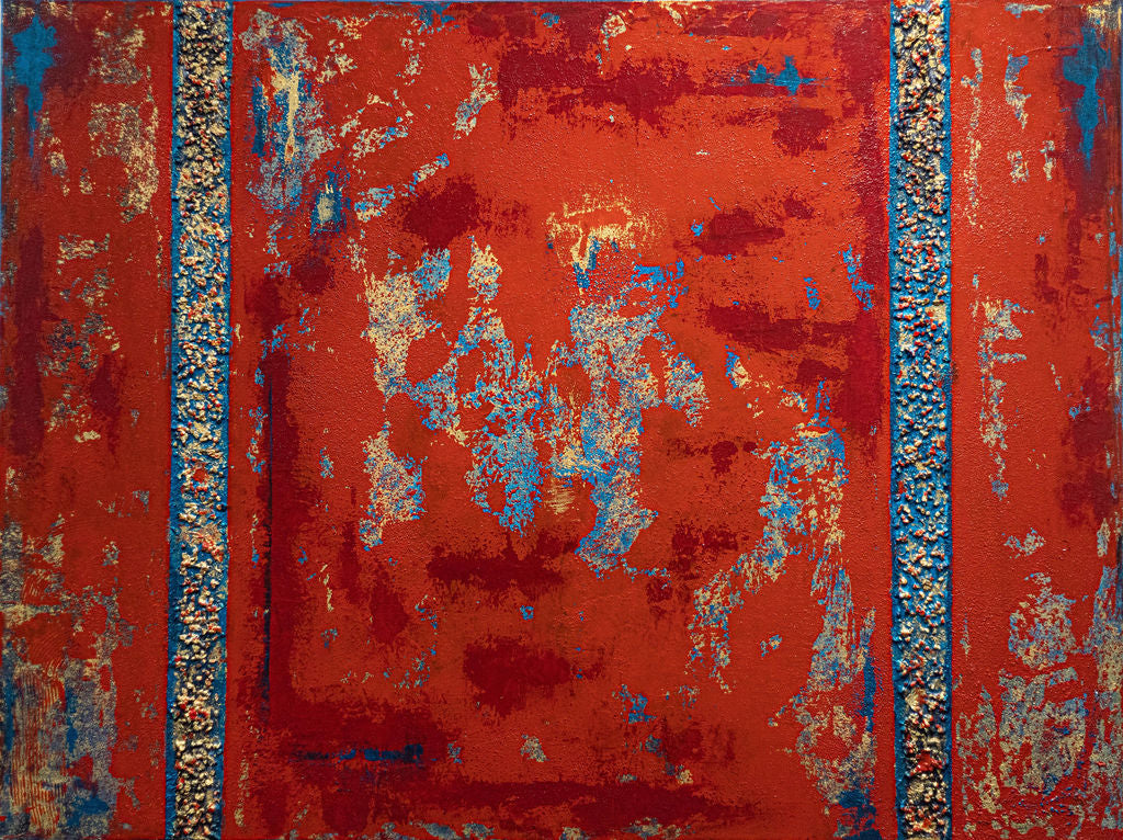 Abstract art piece with red, blue, and gold colors on a textured background