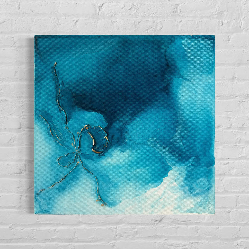 Abstract blue painting on a white brick wall