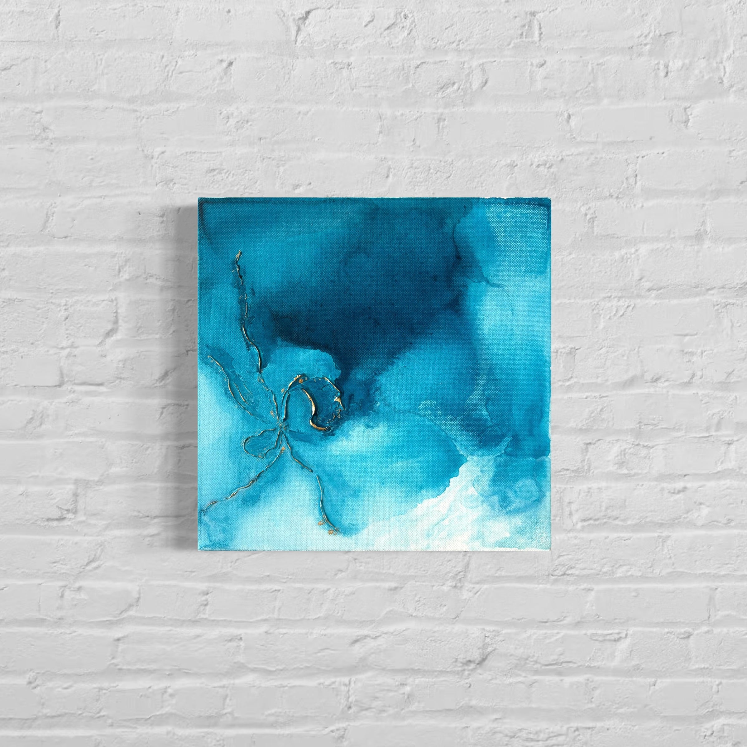 Abstract blue painting on a white brick wall